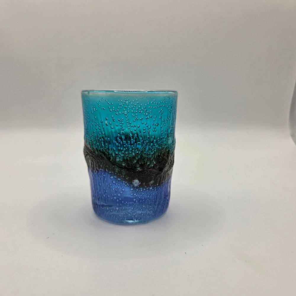 Hand Blown Art Glass Tea Lite Candle Holder Blue Turquoise Seed Bubble Texture